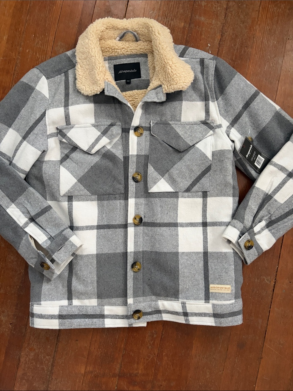 Aeropostale Gray & White Plaid Sherpa-Lined Puffer Jacket
